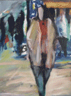 Ecke Pempelforter 4, nachdem die Frau an der Ampel gewartet hatten, überquert sie die Strasse, gemalt mit Ölfarben